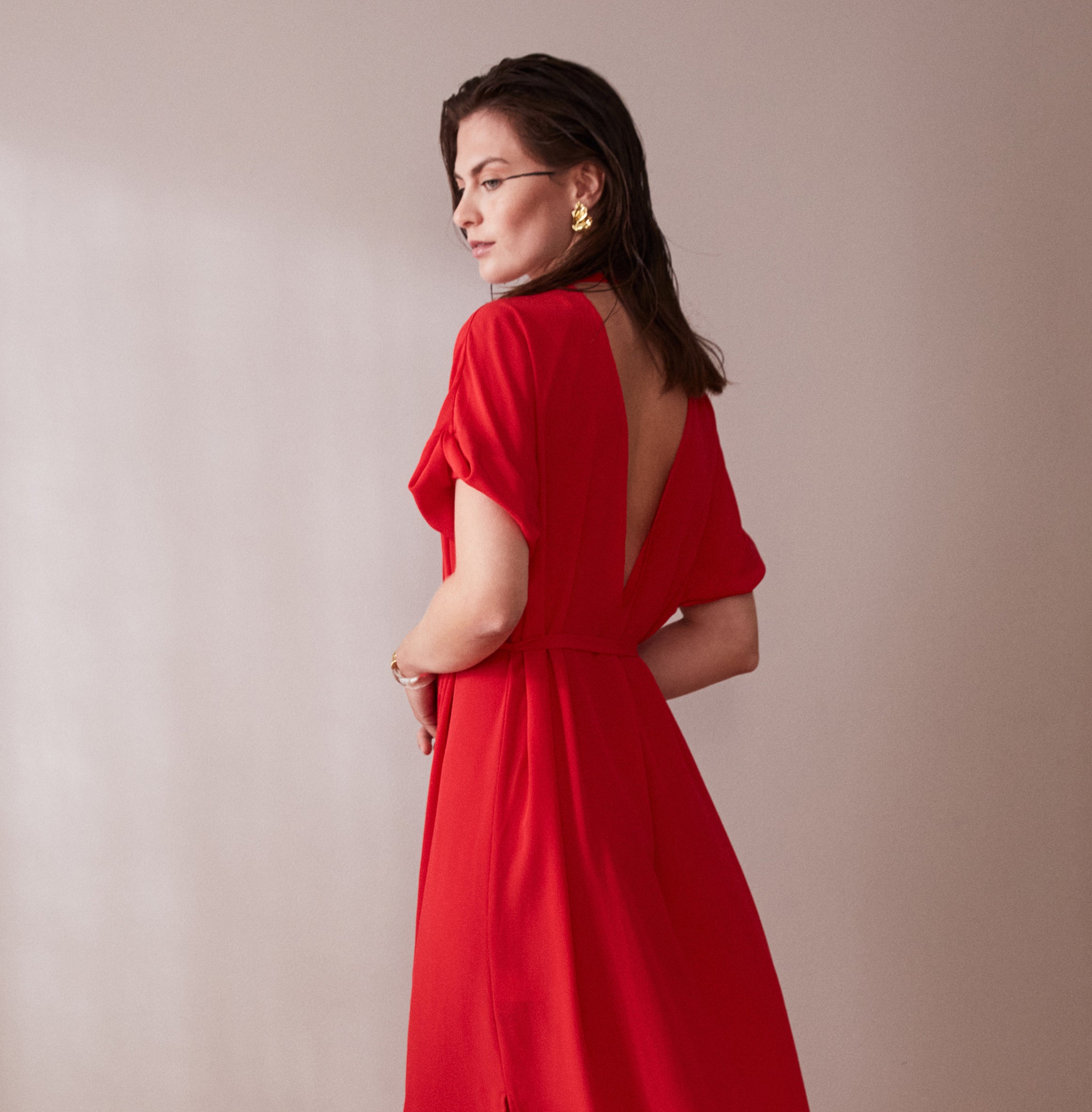 Red silk crepe midi Dress