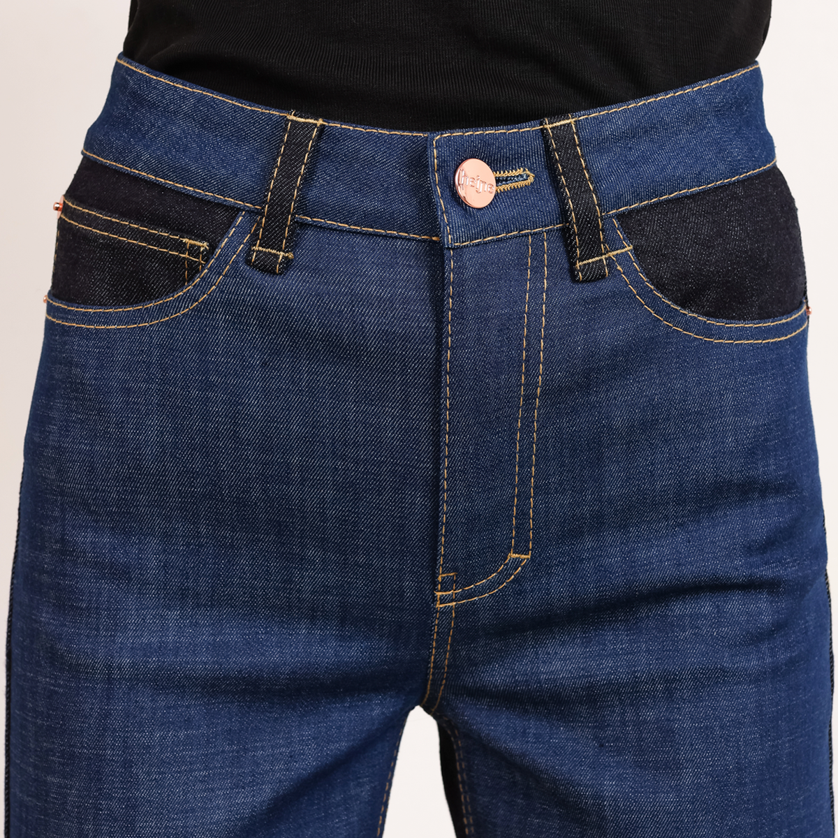 Long colour block jeans in 2 tones of blue,