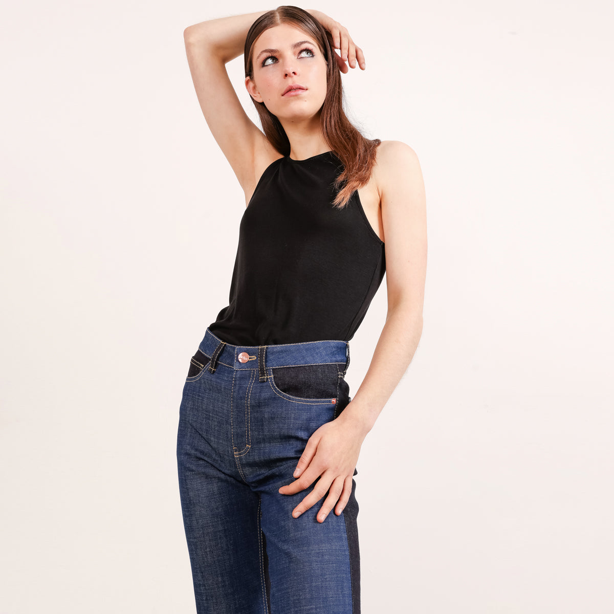 Long colour block jeans in 2 tones of blue,