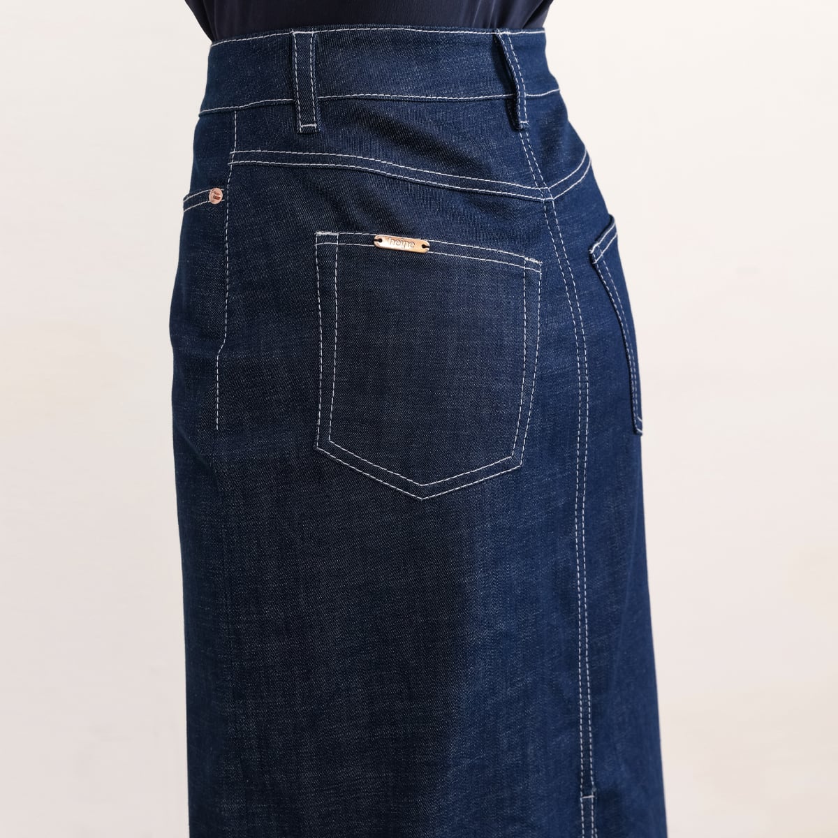 Mid blue midi denim skirt white stitching