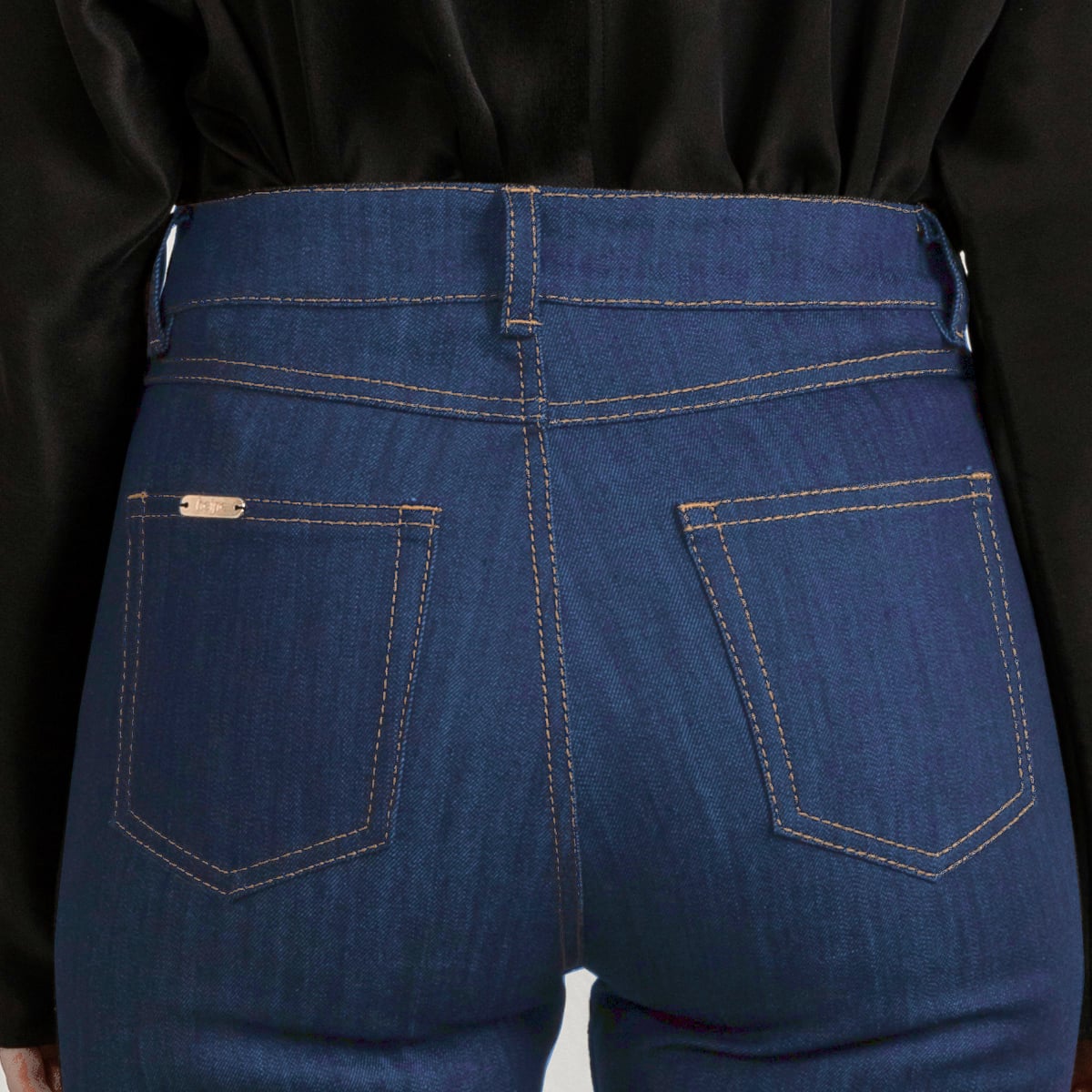 Mid blue wide leg jeans, sand stitch