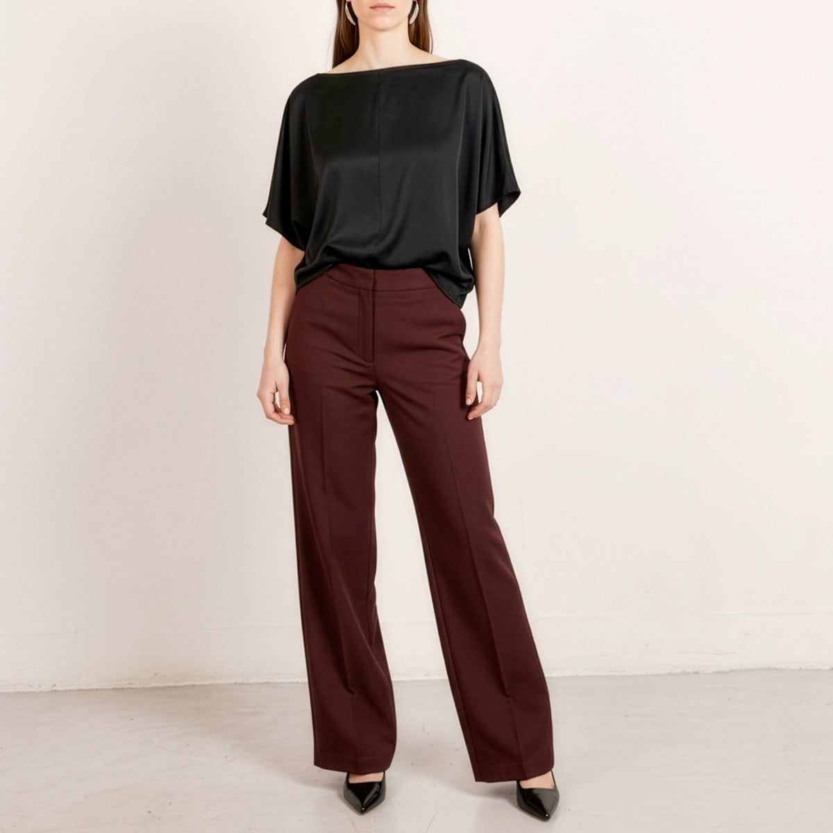 Paris Wide Wool Trousers Burgundy