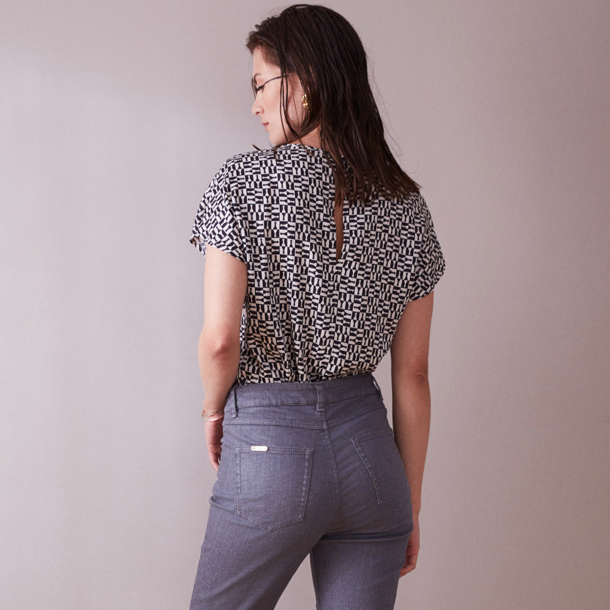 Relaxed Short-Sleeve Tee with Small Black-and-White Print