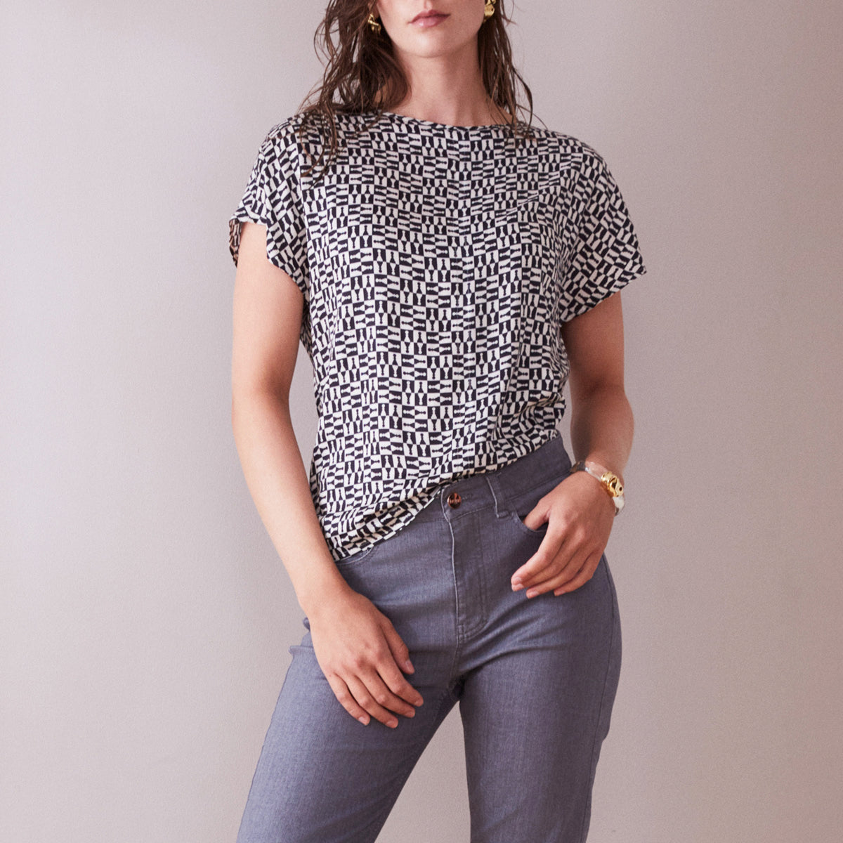 Relaxed Short-Sleeve Tee with Small Black-and-White Print