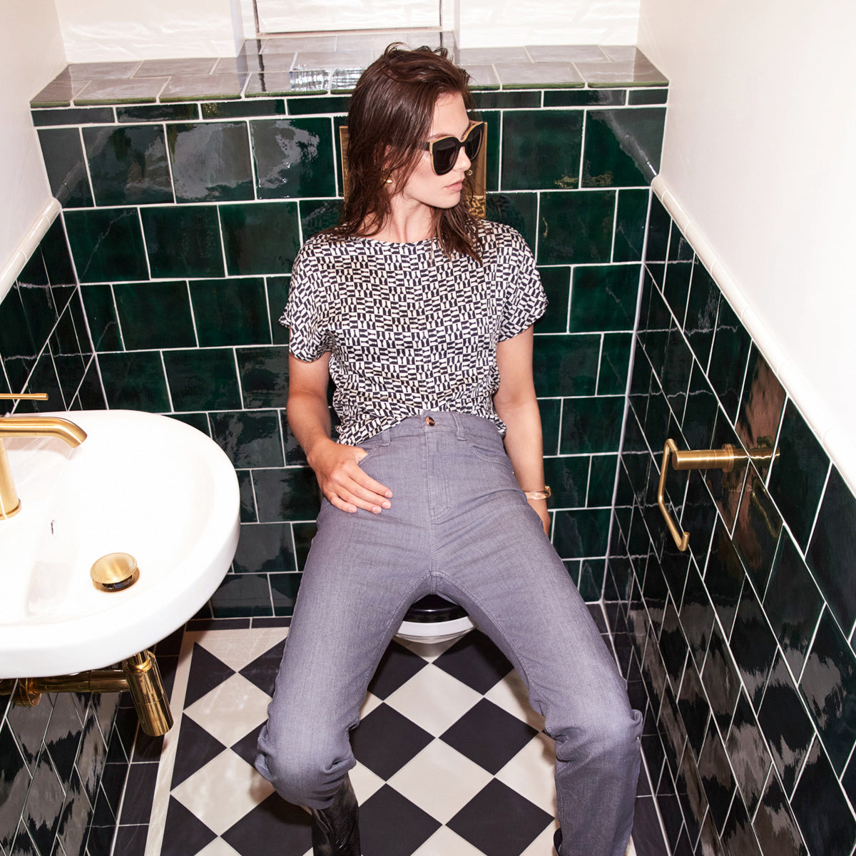 Relaxed Short-Sleeve Tee with Small Black-and-White Print