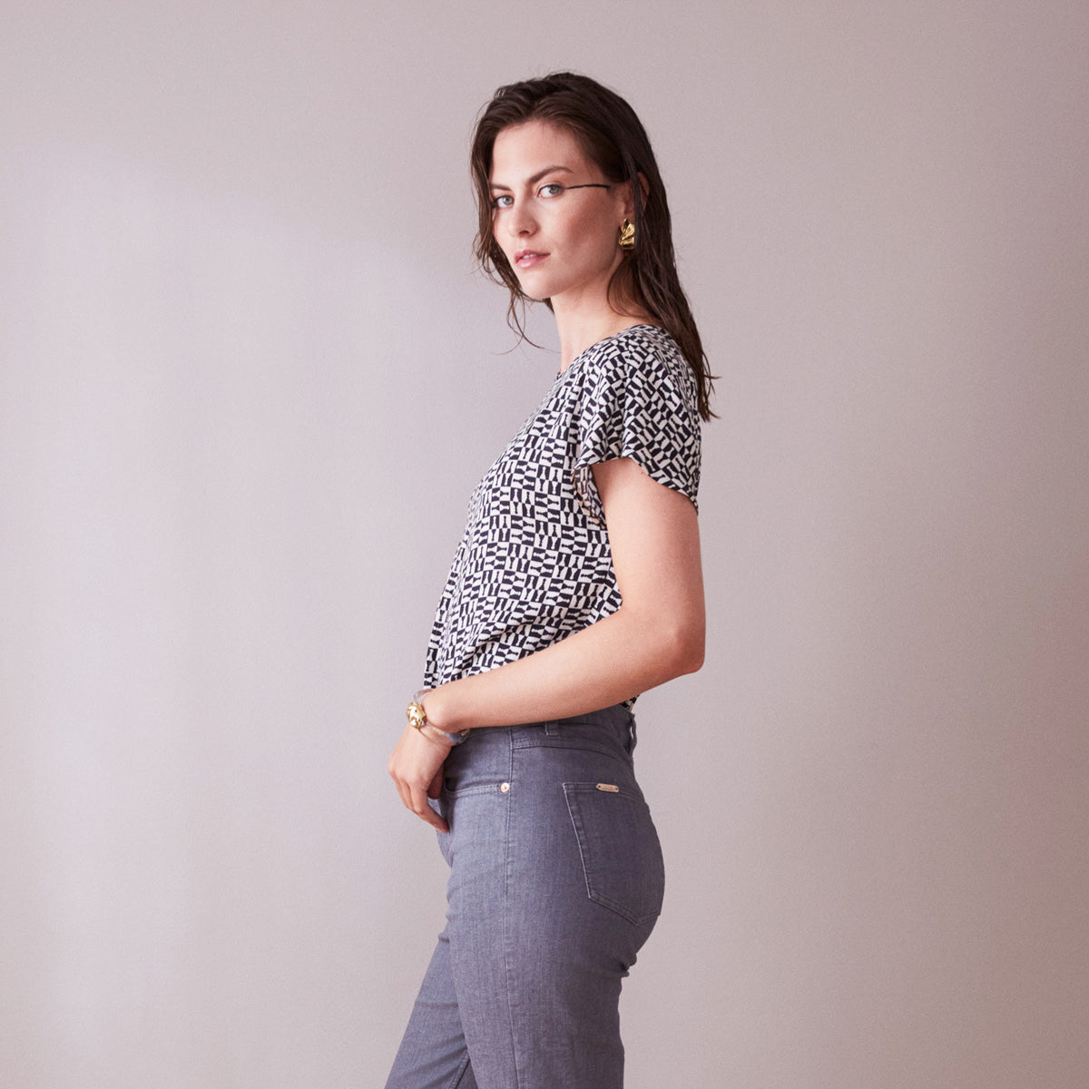 Relaxed Short-Sleeve Tee with Small Black-and-White Print