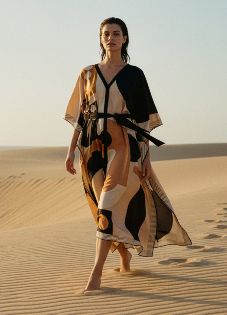 Woman in a patterned dress standing on sand dunes with a clear sky.