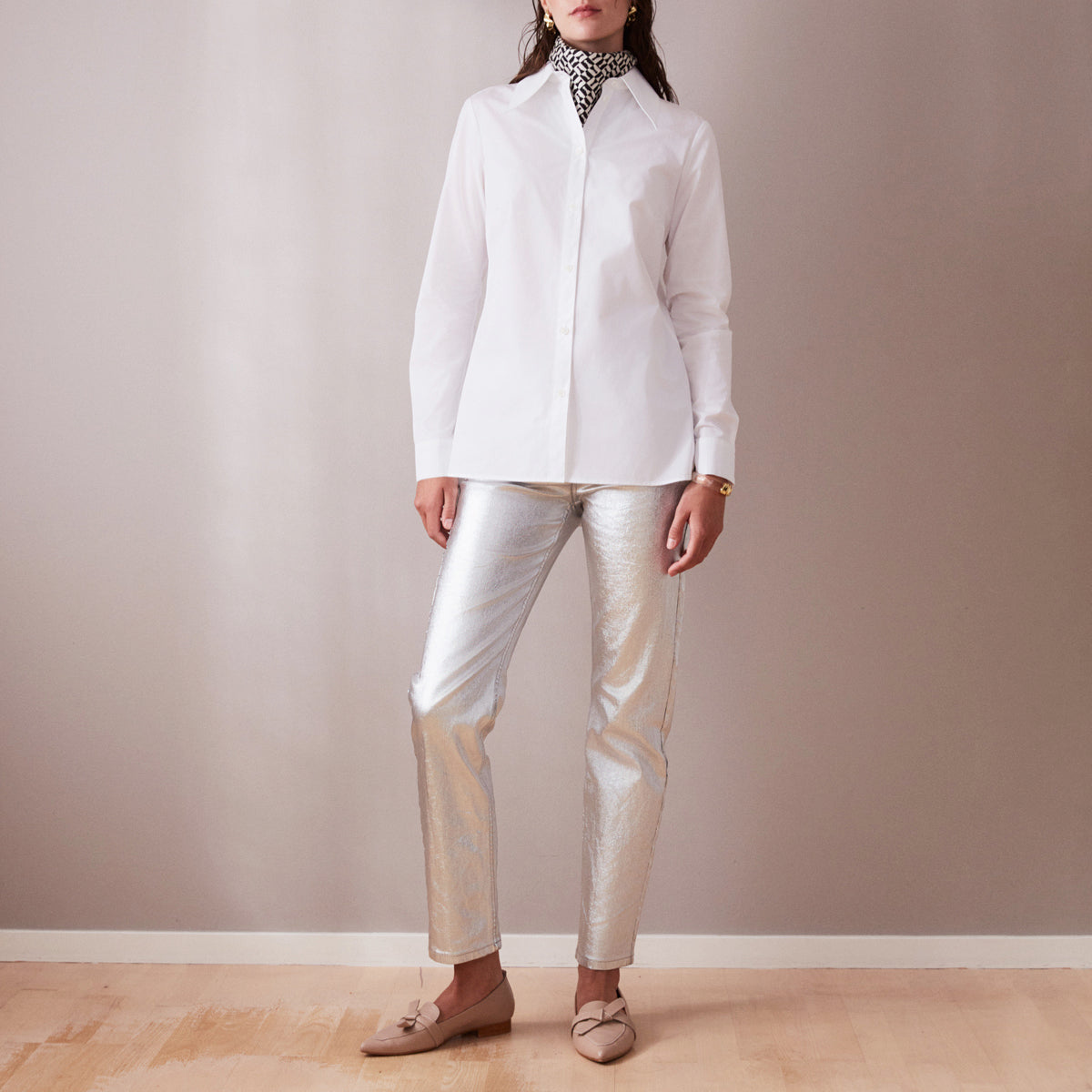 Straight leg silver metallic jeans