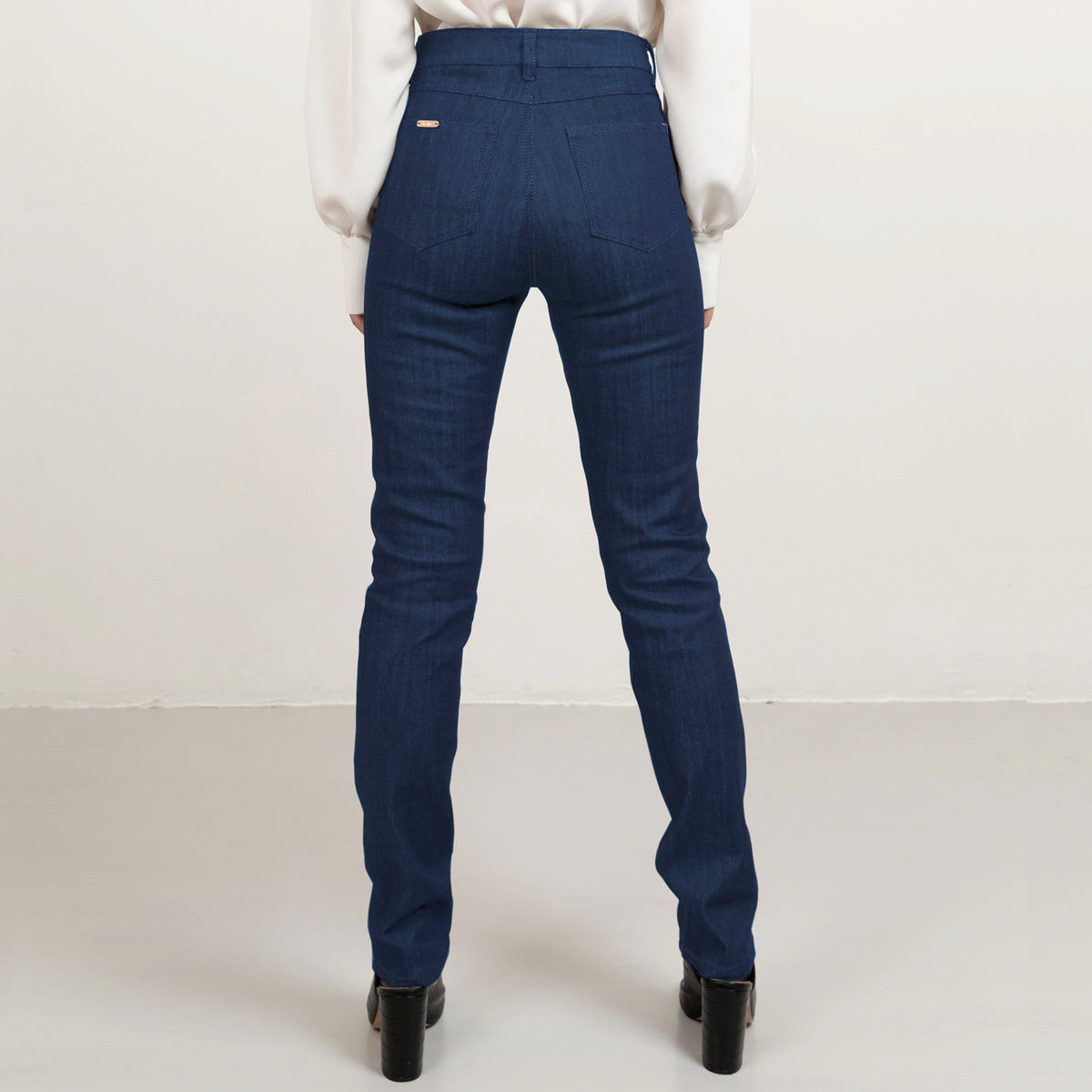 Long mid blue straight leg denim matching stitch