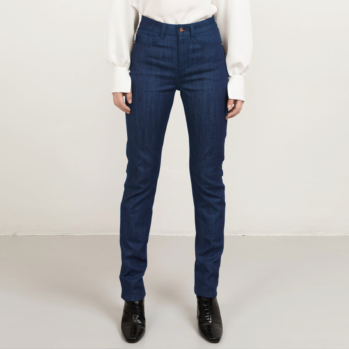 Long mid blue straight leg denim matching stitch
