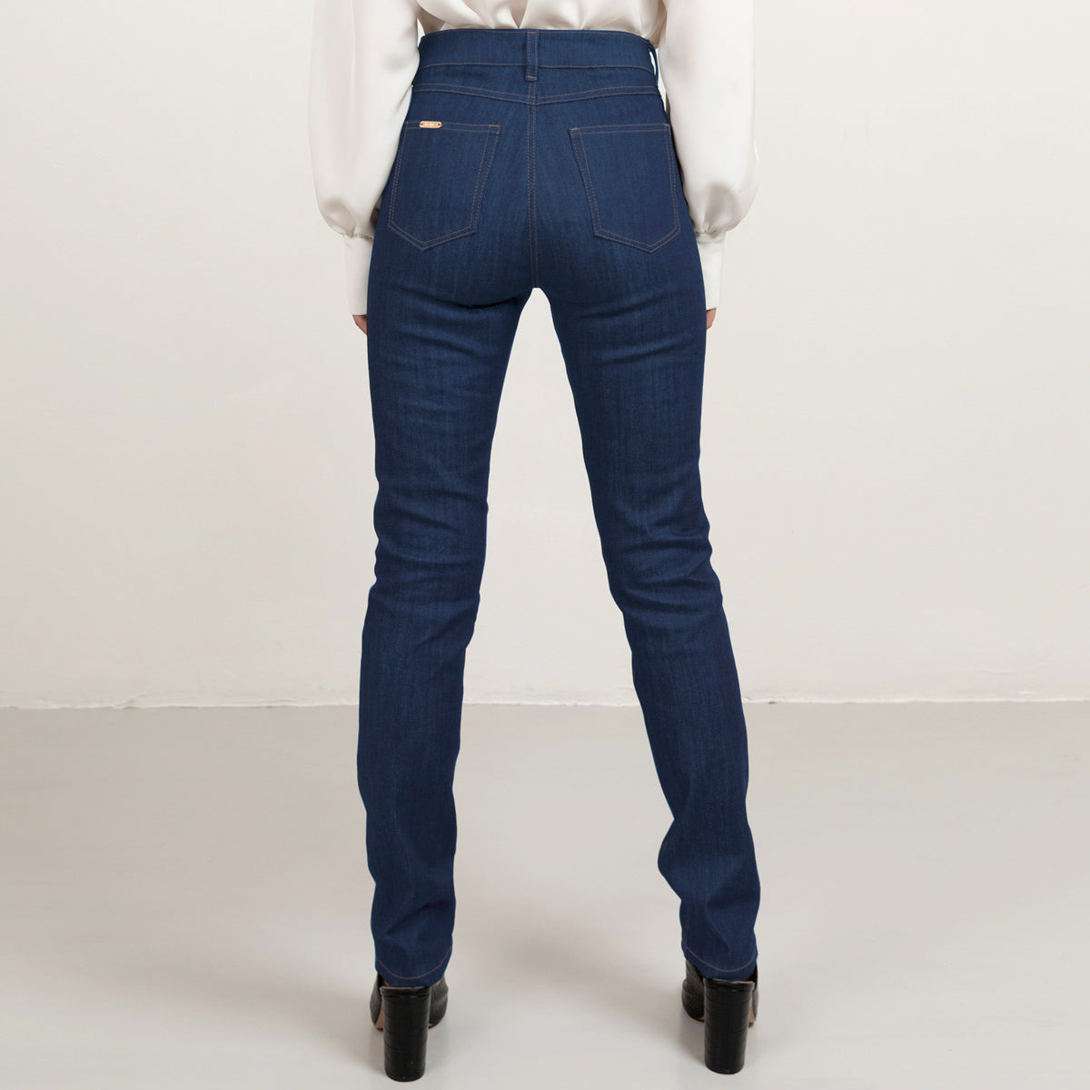 Long mid blue straight leg denim tobacco stitch