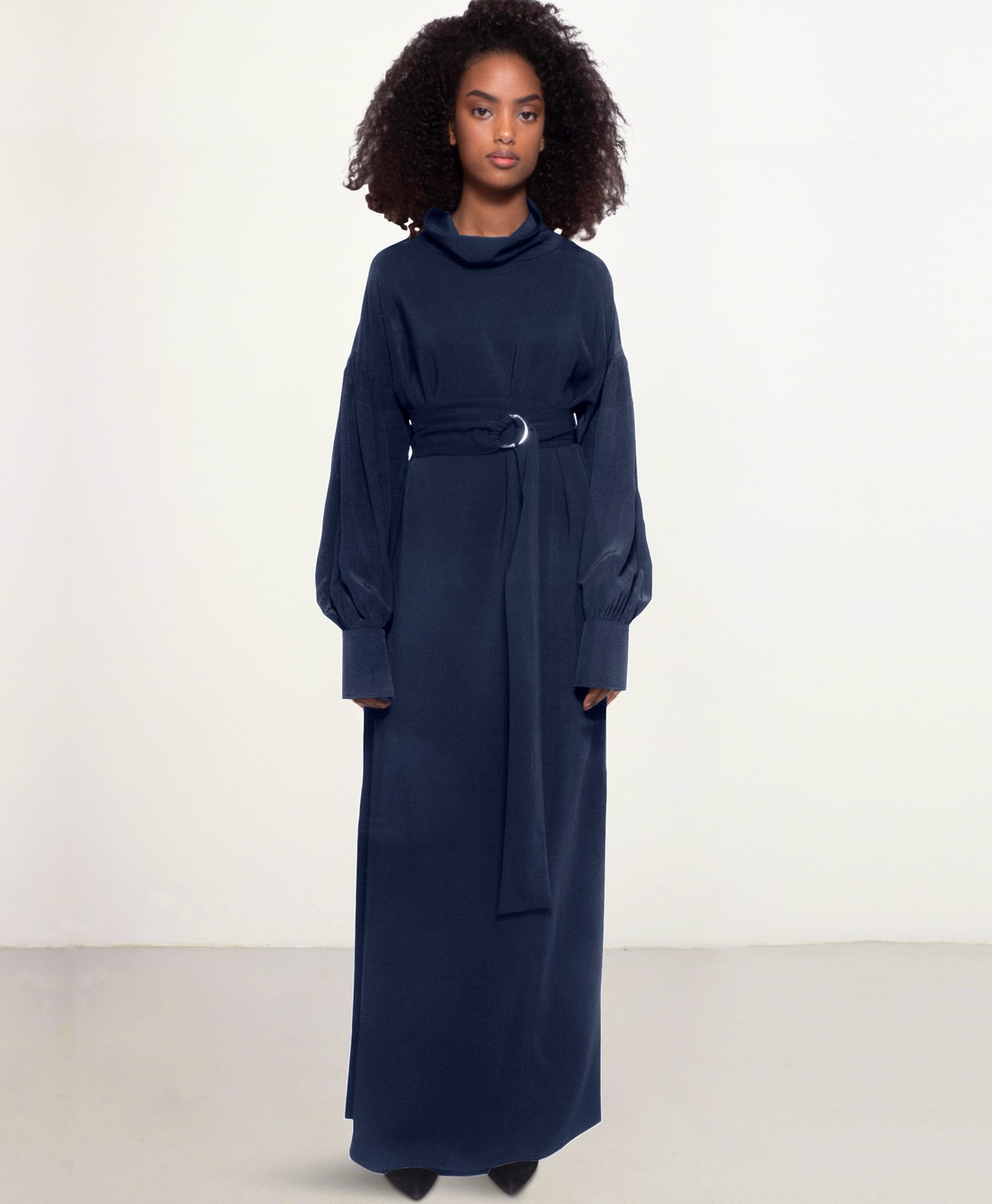 custom-fit dress in navy blue