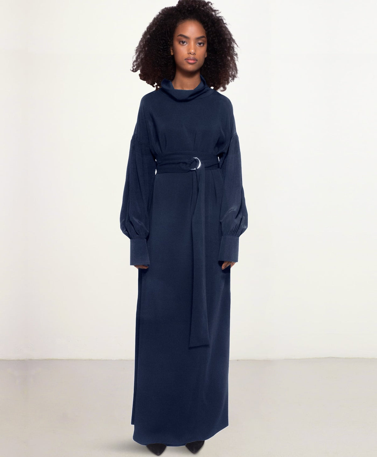 custom-fit dress in navy blue