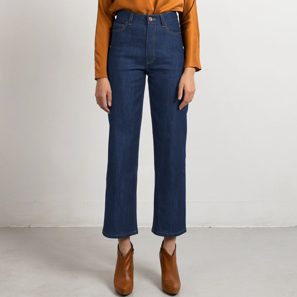 Mid blue wide leg jeans, sand stitch