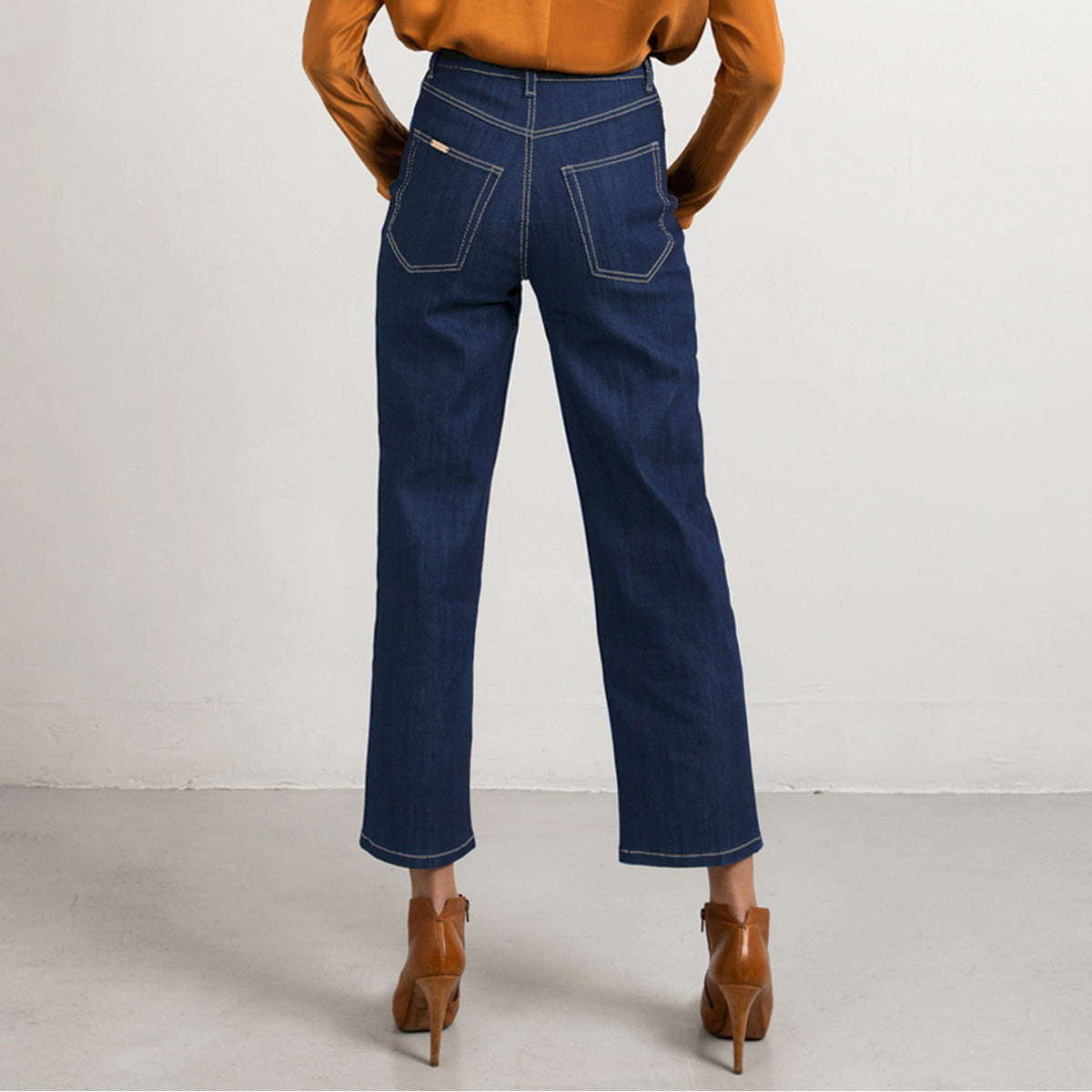 Mid blue wide leg jeans, off-white stitch