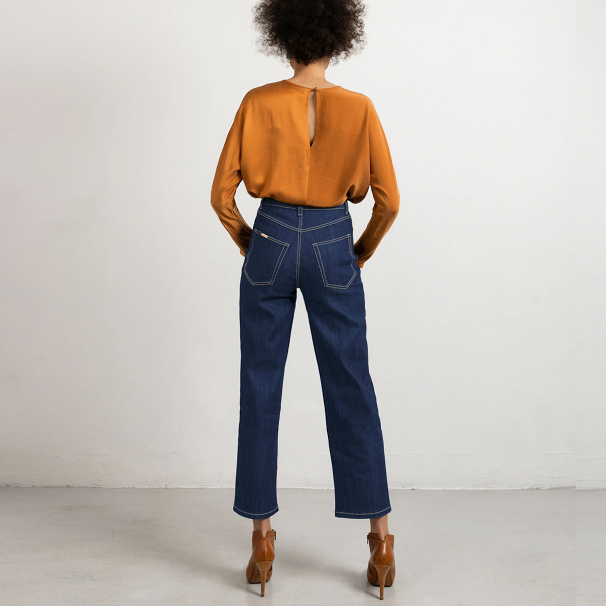 Mid blue wide leg jeans, off-white stitch