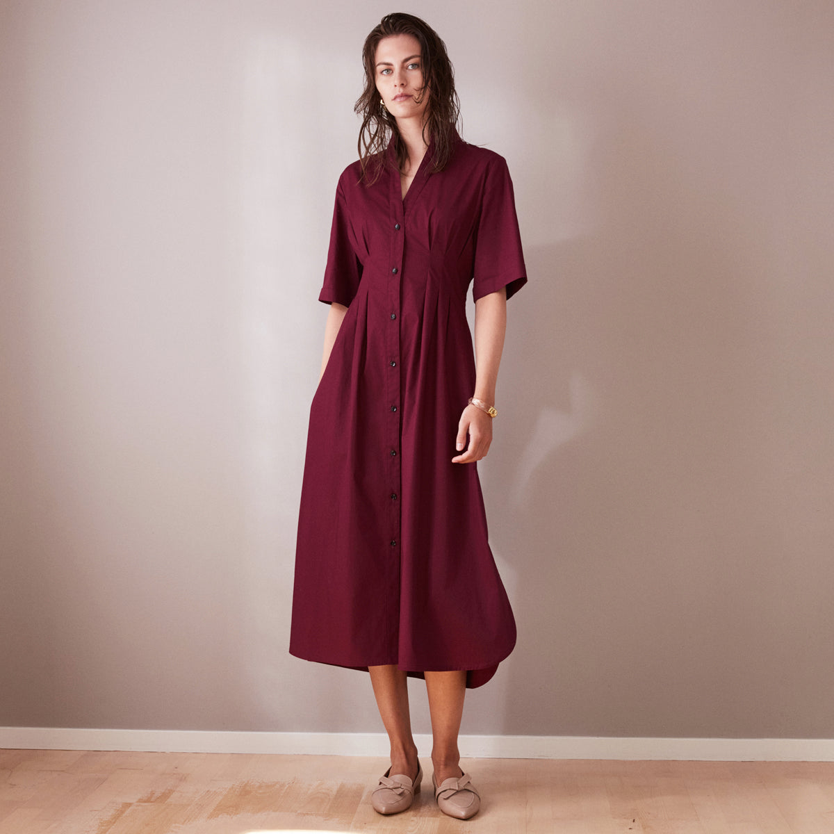red shirt midi dress Plus Size Button Up Short Sleeve Airflow Collar, Carmen Shirt Midi Dress in Red, Size 2X,