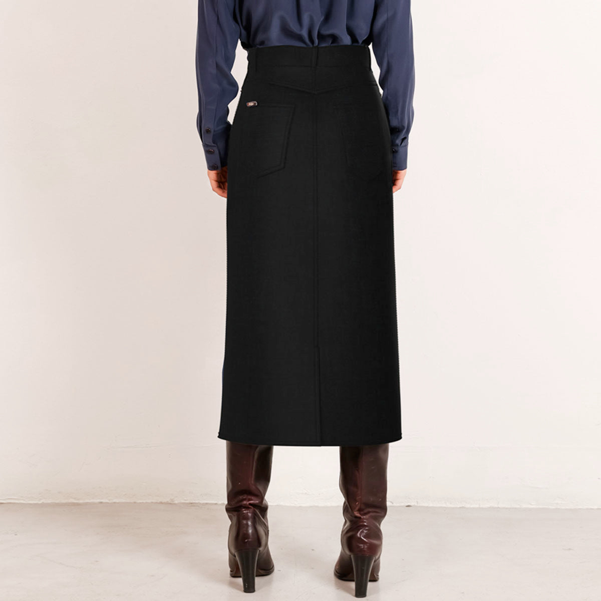 Custom-fit black midi denim skirt