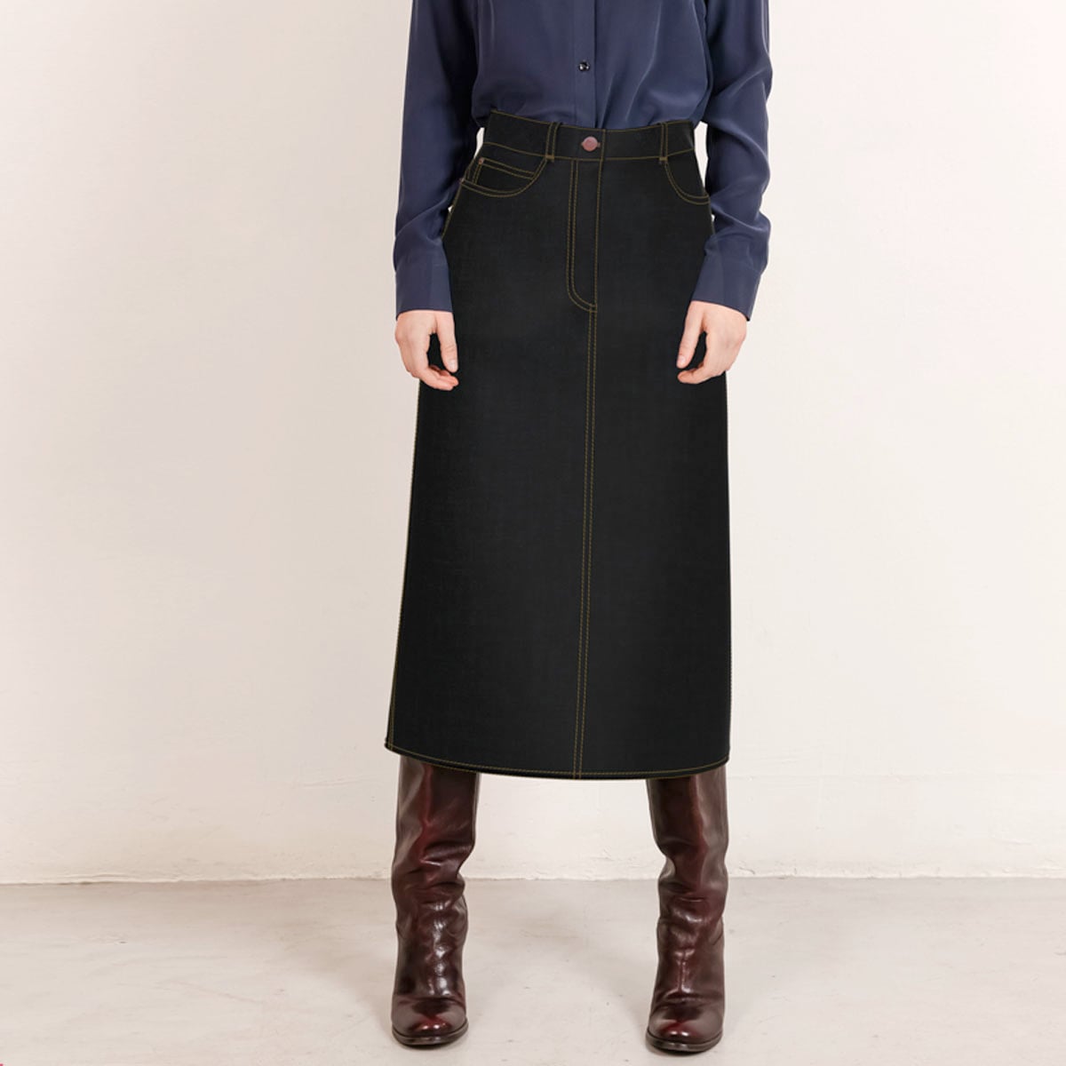 Black midi denim skirt with tabacco stitch