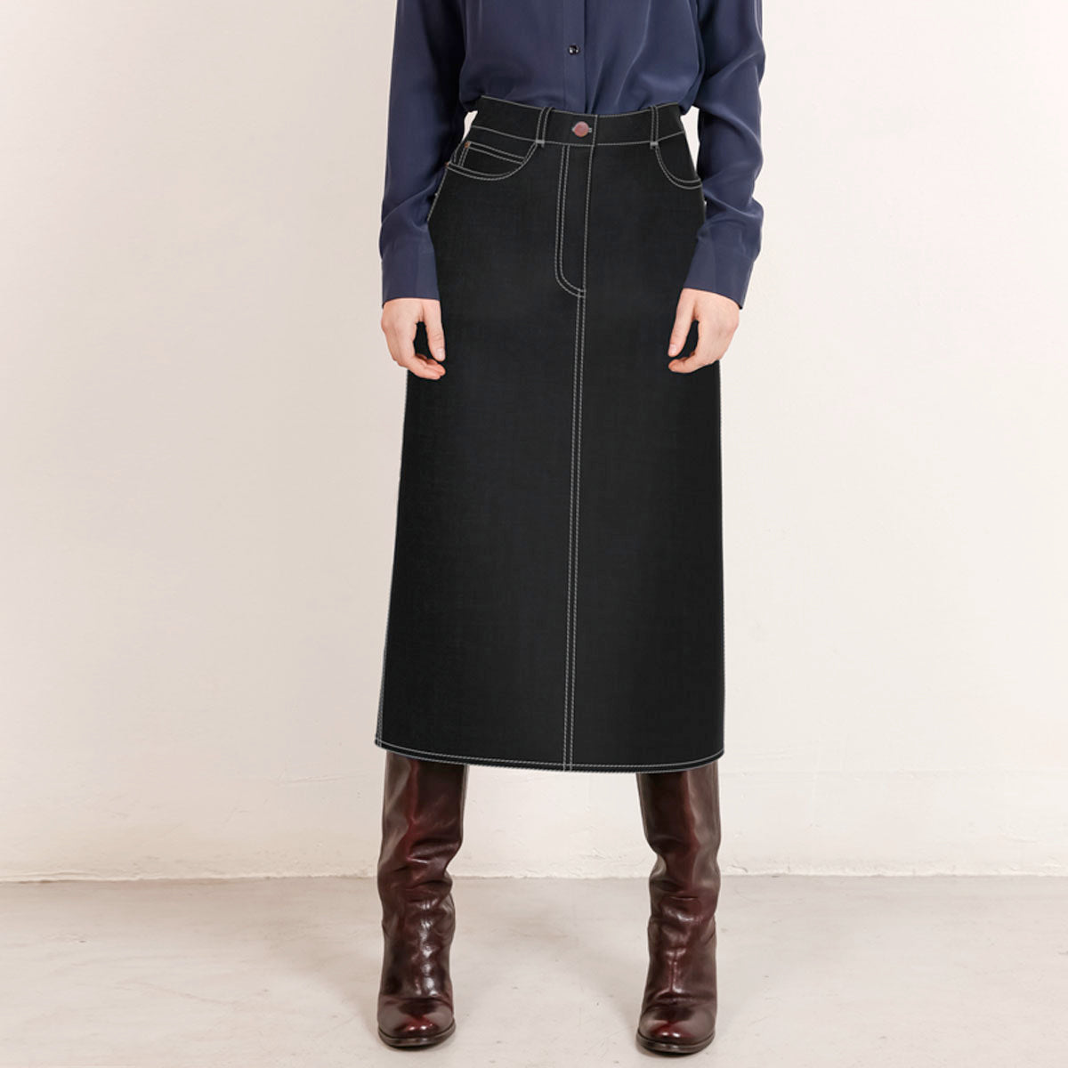 Custom-fit black midi denim skirt white stitch