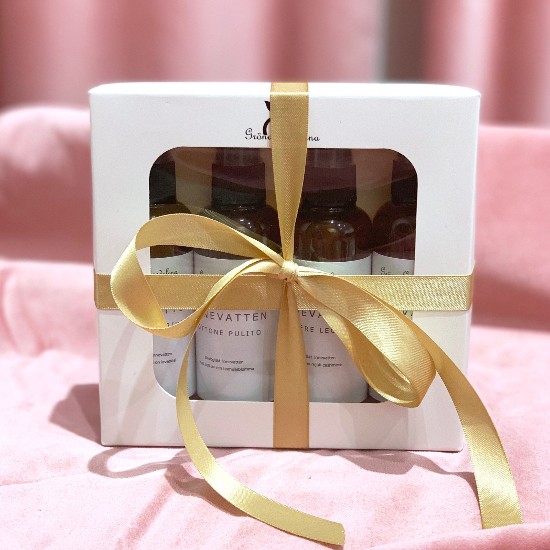 Fragranced linen water in a gift package