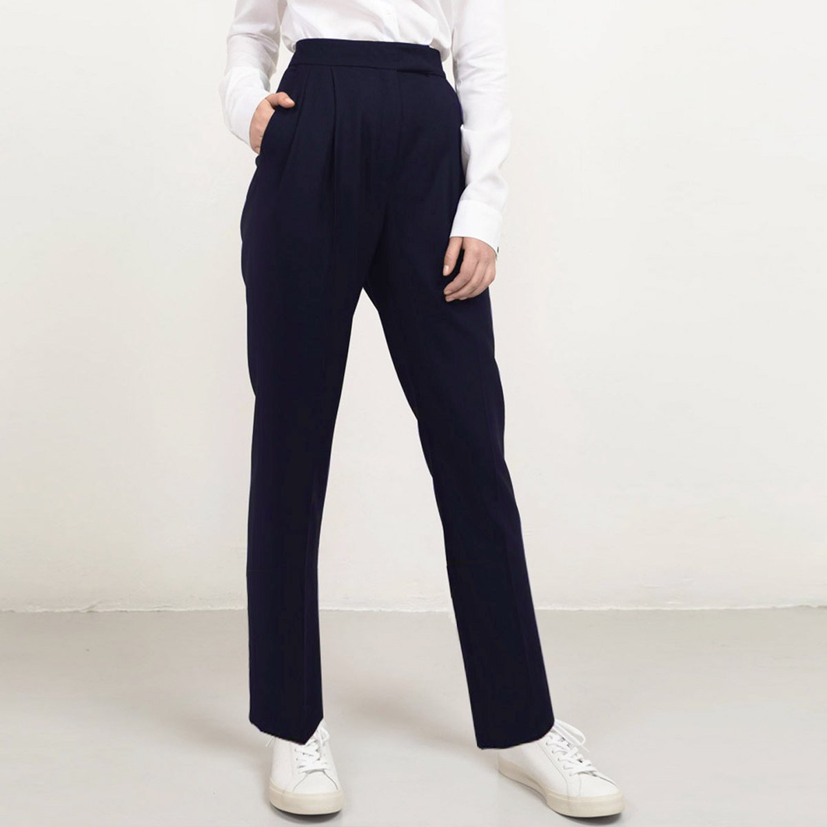 Long navy wool trousers