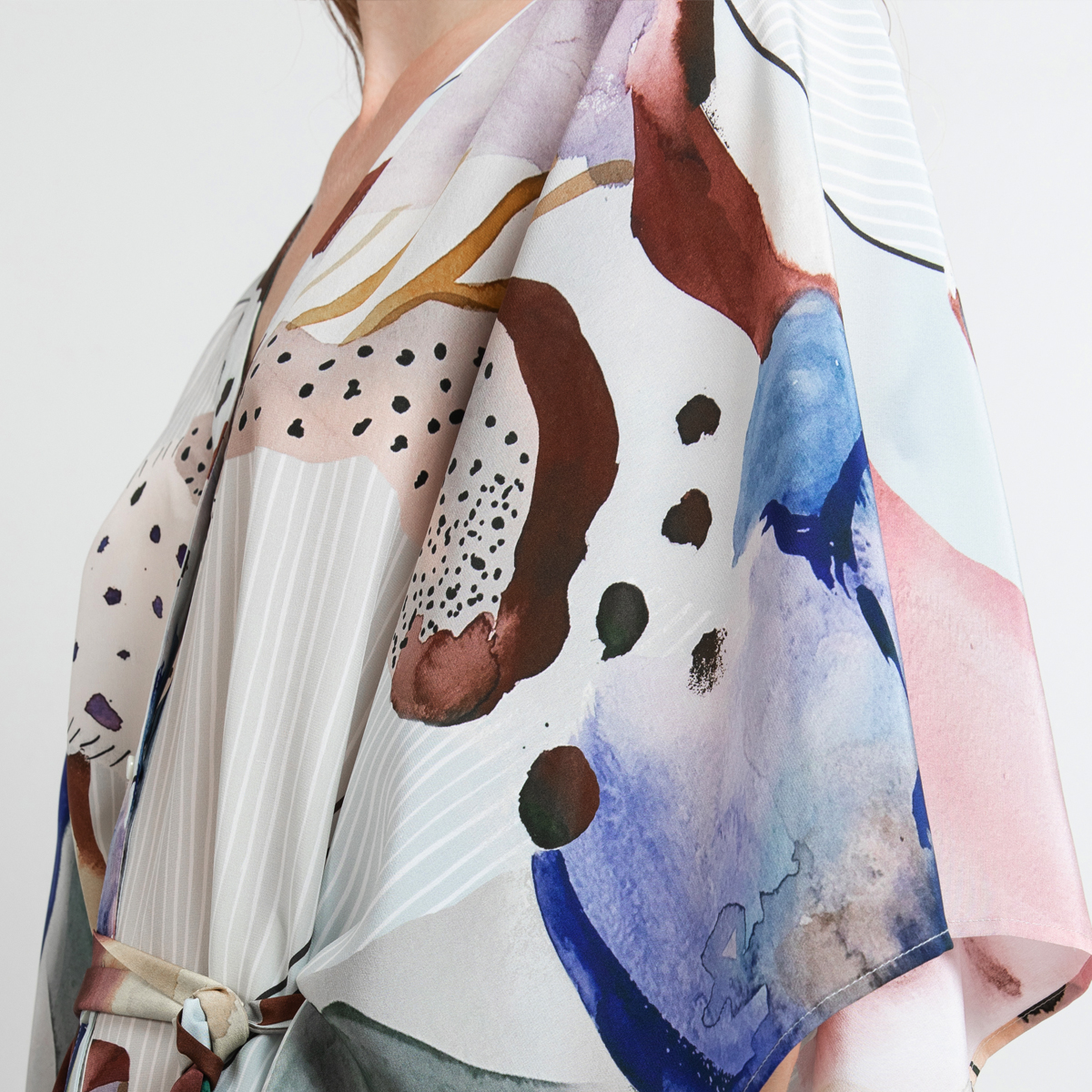 Silk caftan dress Riviera in partel art print by Studio Heijne
