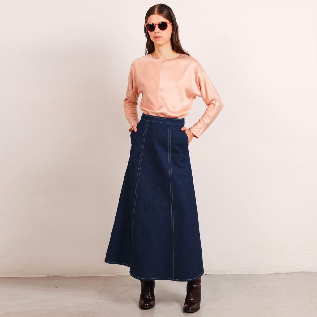 Mid blue A-line long denim skirt by Studio Heijne in made-to-measure size