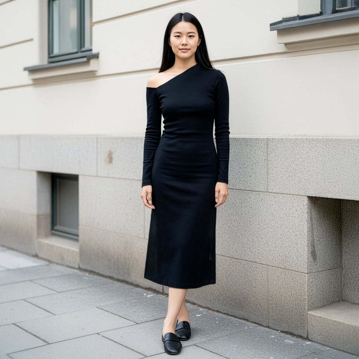 Claire black midi dress with one shoulder